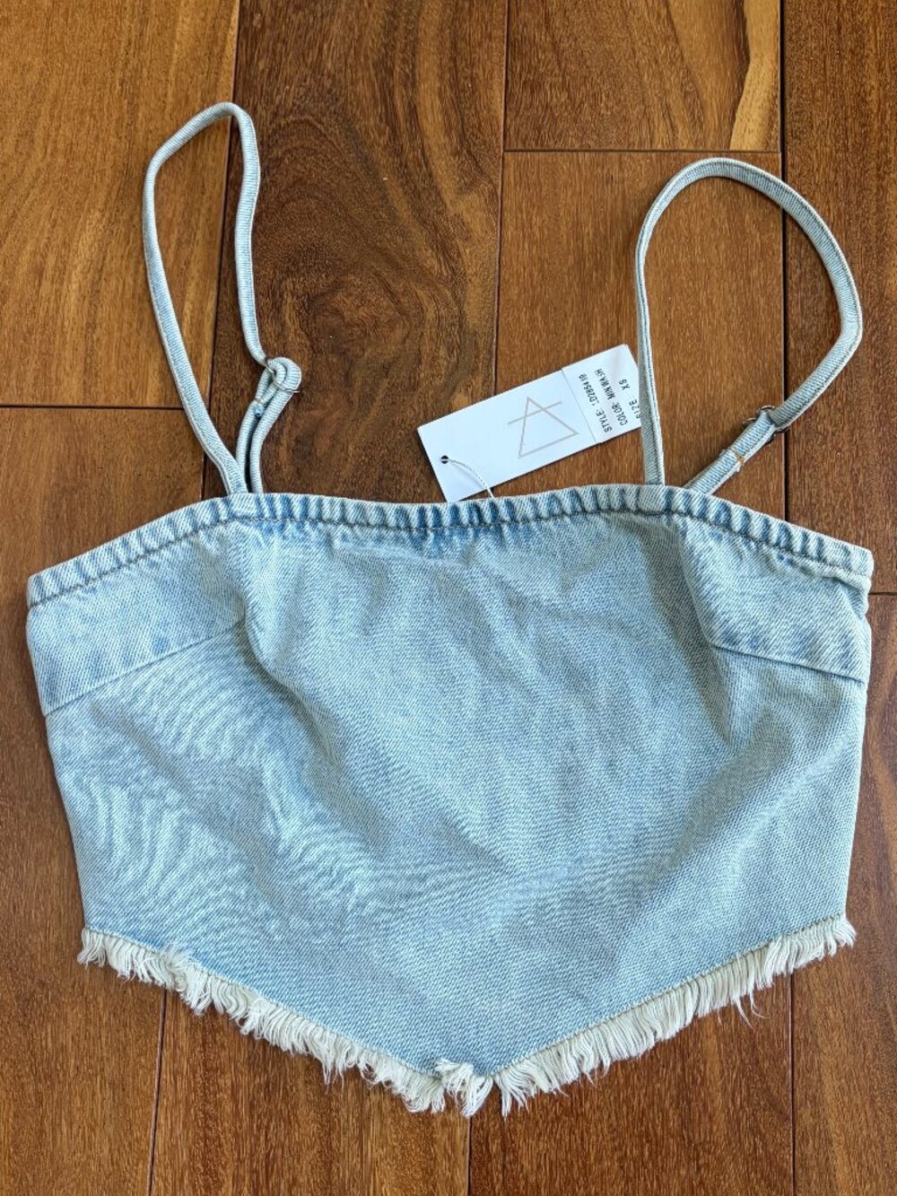 Sage the label light blue denim bandana triangle crop top with frayed edges